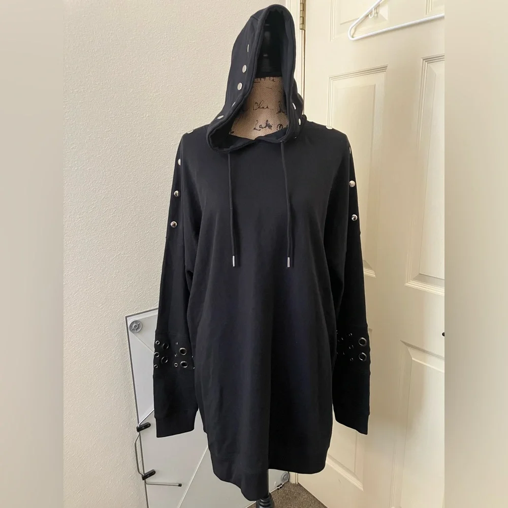 Missguided Black heavyweight long oversized Hoodie Grommet studded large 12 - Picture 1 of 6
